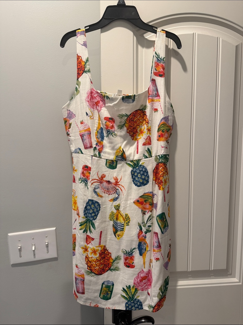 White Tropical Print Sundress with Pineapple & Floral Motifs